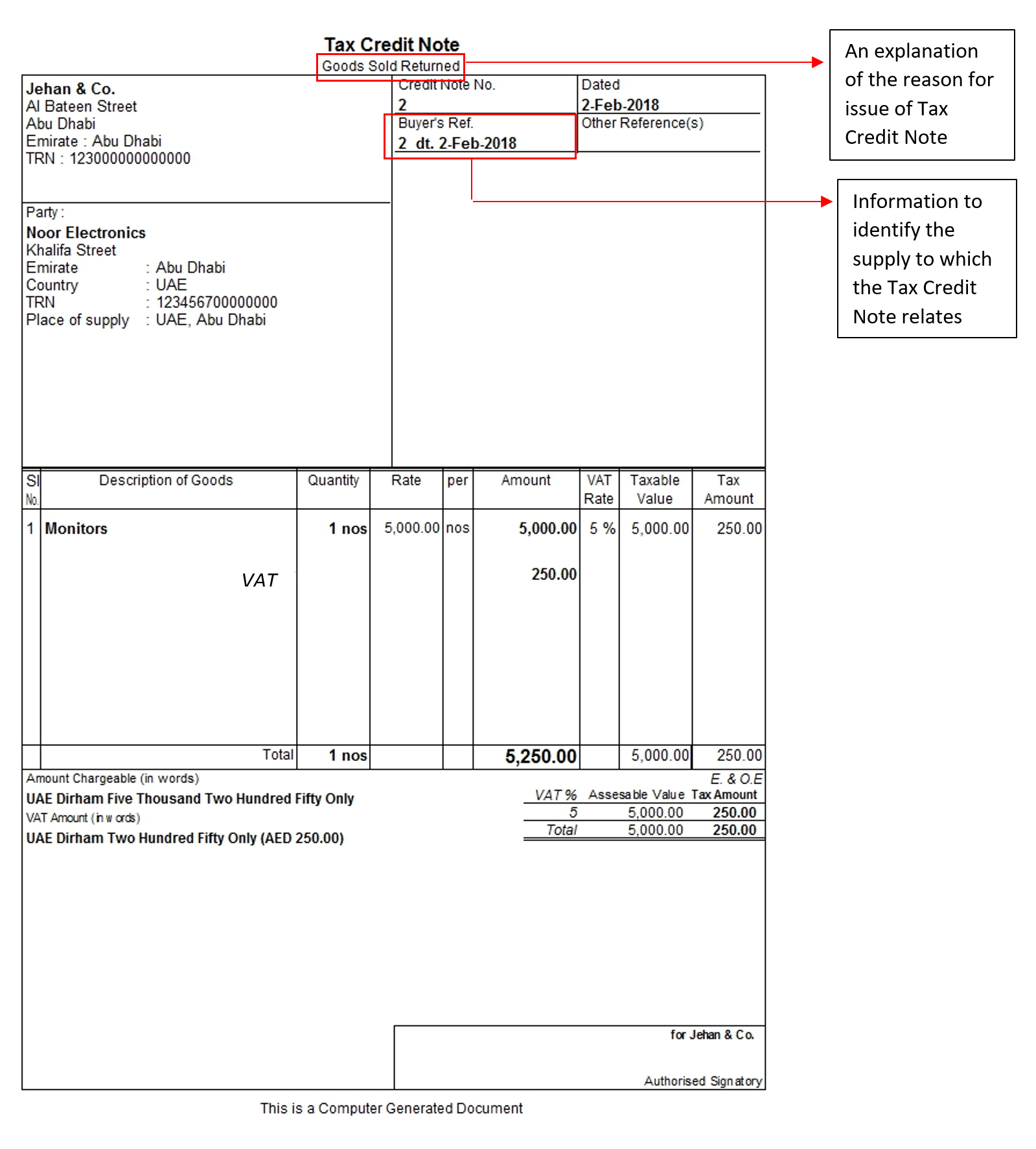 Tax Credit Note under VAT in UAE  Credit Note Format Within Credit Note Example Template