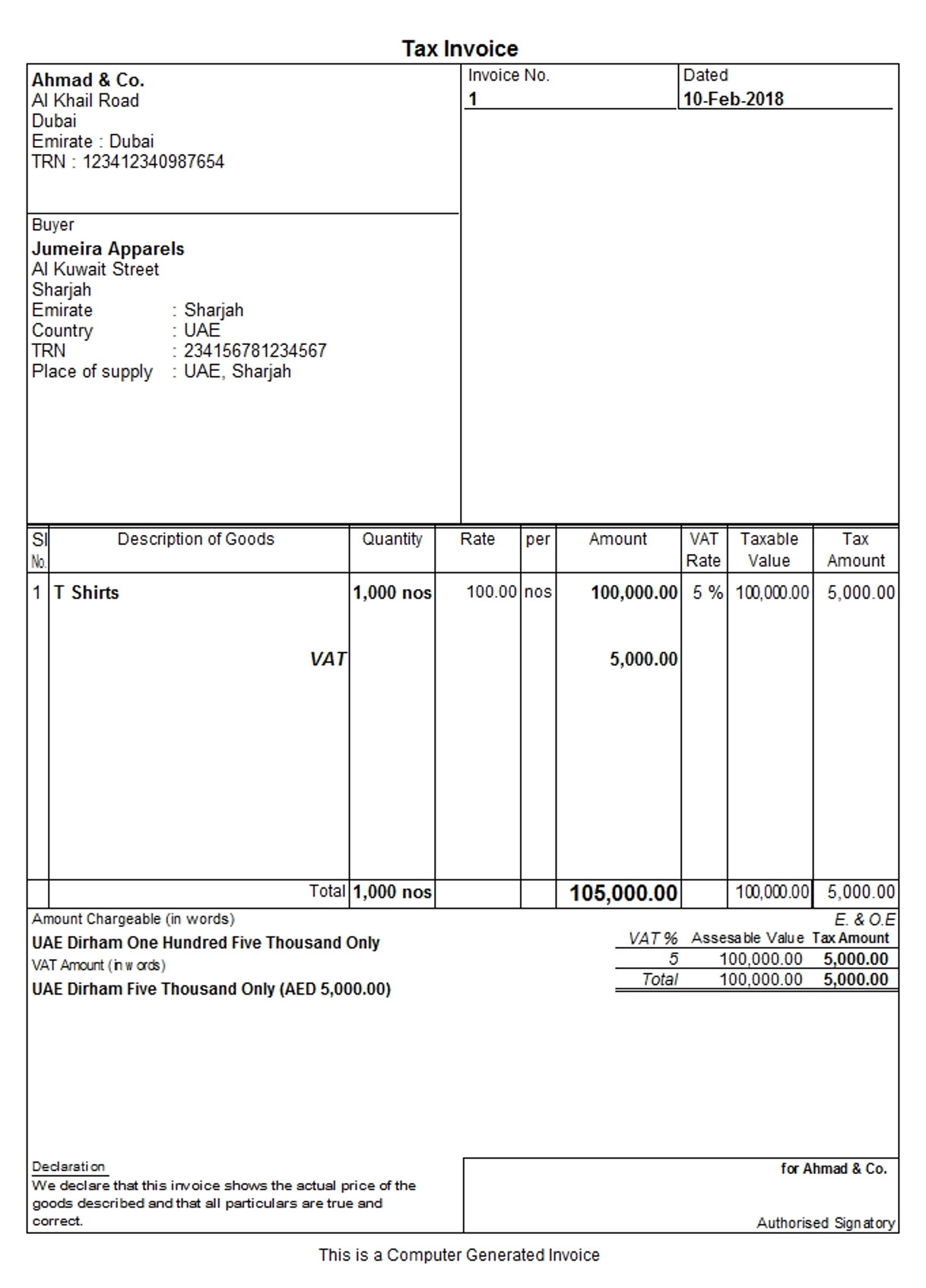 Tax Invoice to a registered customer under VAT in UAE