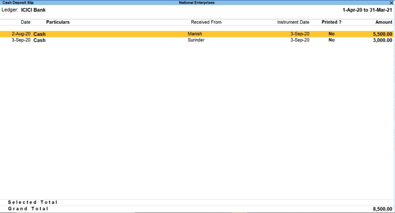 How to view cash deposit slip report in TallyPrime