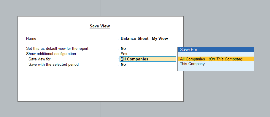 Intermediate report that opens while saving view to input details of the view. 