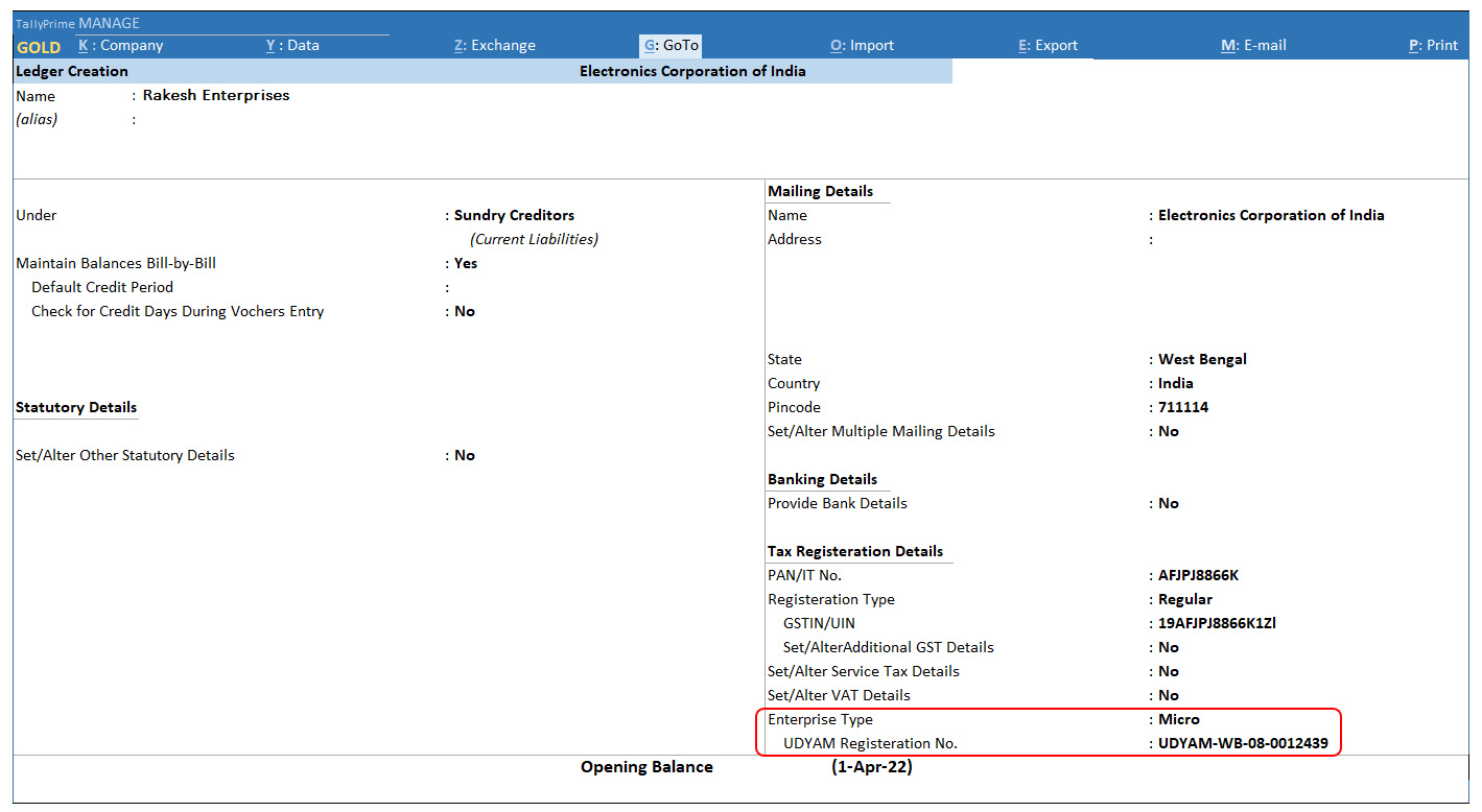 Identification of MSME parties with TallyPrime 4.1 