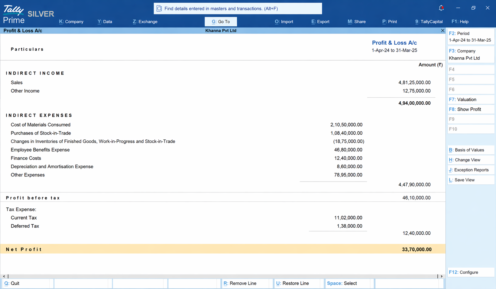 P&L Account in TallyPrime