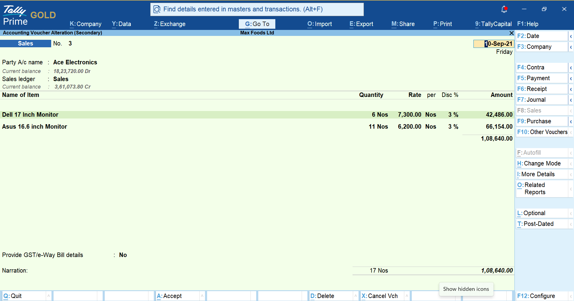 TallyPrime Sales Voucher
