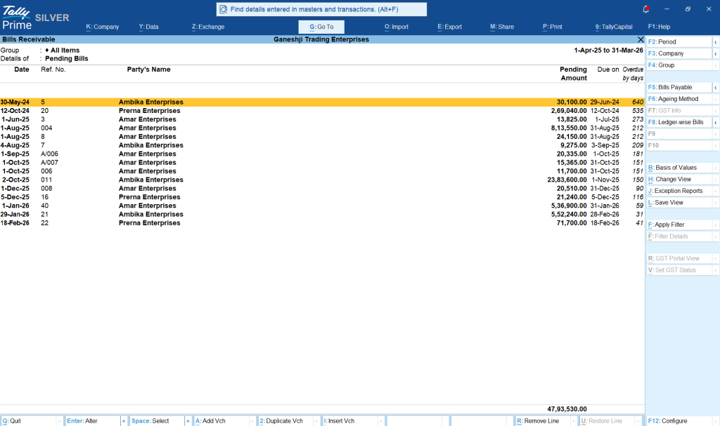 Bills Receivable in TallyPrime