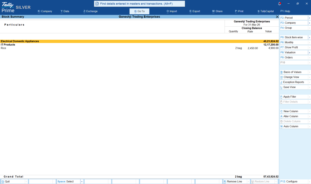 Stock Summary in TallyPrime